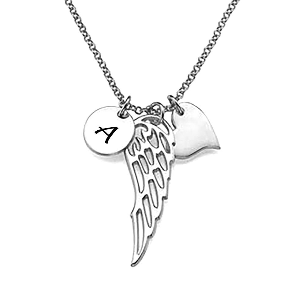 Collier aile d'ange coeur disque en argent sterling 925 / cuivre X0027 gravure personnalisé avec prénom texte