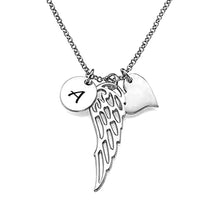 Charger l&#39;image dans la galerie, Collier aile d&#39;ange coeur disque en argent sterling 925 / cuivre X0027 gravure personnalisé avec prénom texte
