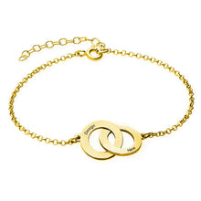 Charger l&#39;image dans la galerie, Bracelet double disque S0020 avec deux anneaux entrelacés gravure personnalisé avec texte prénom
