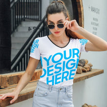 Charger l&#39;image dans la galerie, T-shirt tee shirt à manches courtes à col en V pour femmes T01 personnalisé avec photo logo et texte (impression d&#39;image unique)
