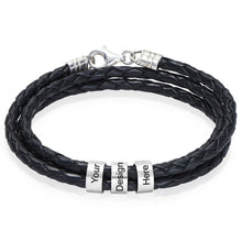 Charger l&#39;image dans la galerie, Bracelet triple S0008 en cuir noir avec breloques en argent sterling 925 gravure personnalisé avec texte prénom
