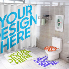 Charger l&#39;image dans la galerie, Ensemble de tapis de salle de bain 4 pièces, Rideau de douche / Tapis / Tapis de sol pour salle de bain en forme de U / Couverture de couvercle de toilette personnalisé avec photo logo texte motif
