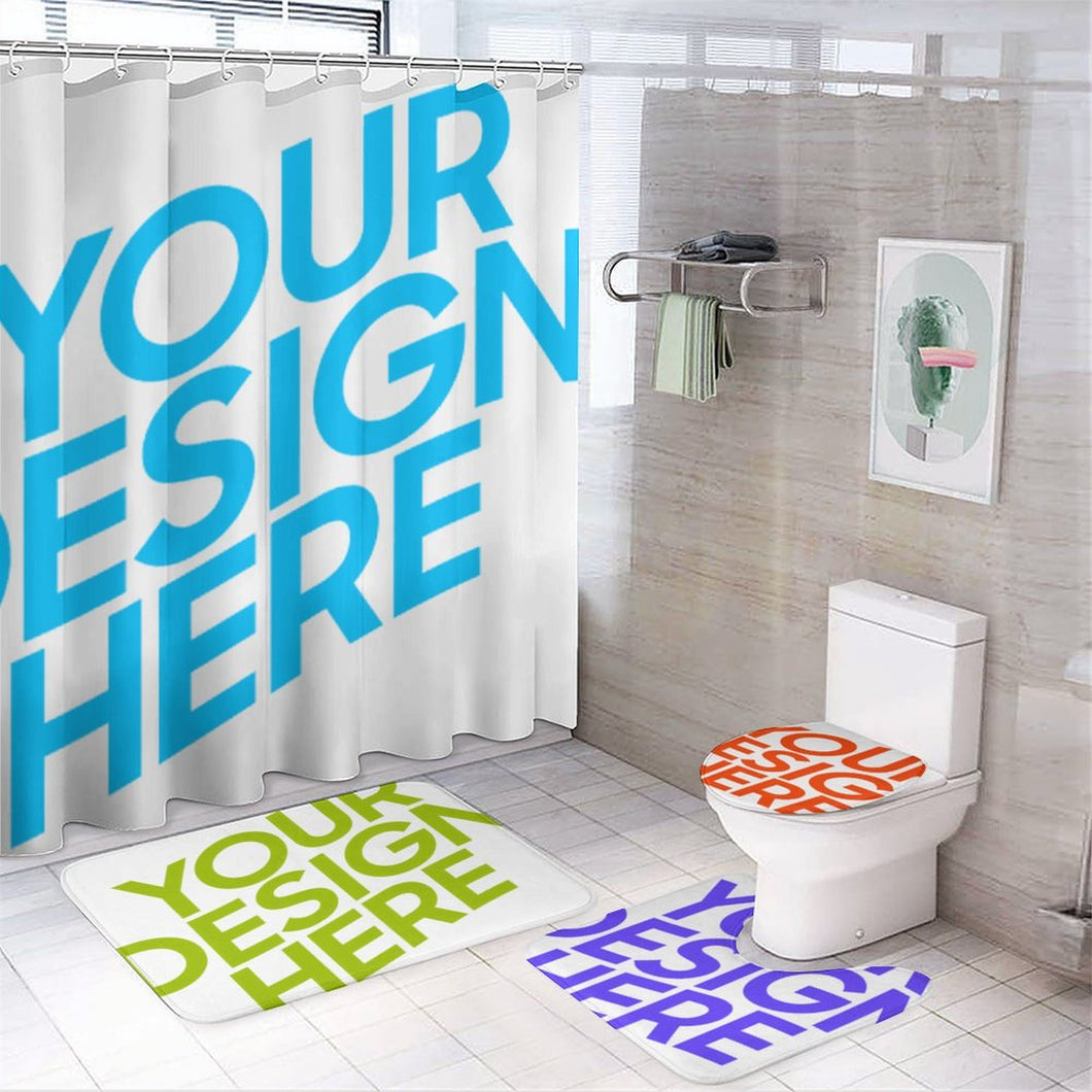 Ensemble de tapis de salle de bain 4 pièces, Rideau de douche / Tapis / Tapis de sol pour salle de bain en forme de U / Couverture de couvercle de toilette personnalisé avec photo logo texte motif