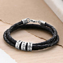 Charger l&#39;image dans la galerie, Bracelet triple S0008 en cuir noir avec breloques en argent sterling 925 gravure personnalisé avec texte prénom
