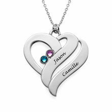 Charger l&#39;image dans la galerie, Collier pierres précieuses double coeur X0060 en argent sterling 925 gravure personnalisé avec prénom texte
