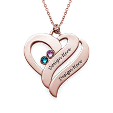 Charger l&#39;image dans la galerie, Collier pierres précieuses double coeur X0060 en argent sterling 925 gravure personnalisé avec prénom texte
