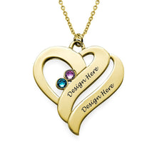 Charger l&#39;image dans la galerie, Collier pierres précieuses double coeur X0060 en argent sterling 925 gravure personnalisé avec prénom texte
