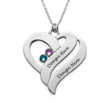Charger l&#39;image dans la galerie, Collier pierres précieuses double coeur X0060 en argent sterling 925 gravure personnalisé avec prénom texte

