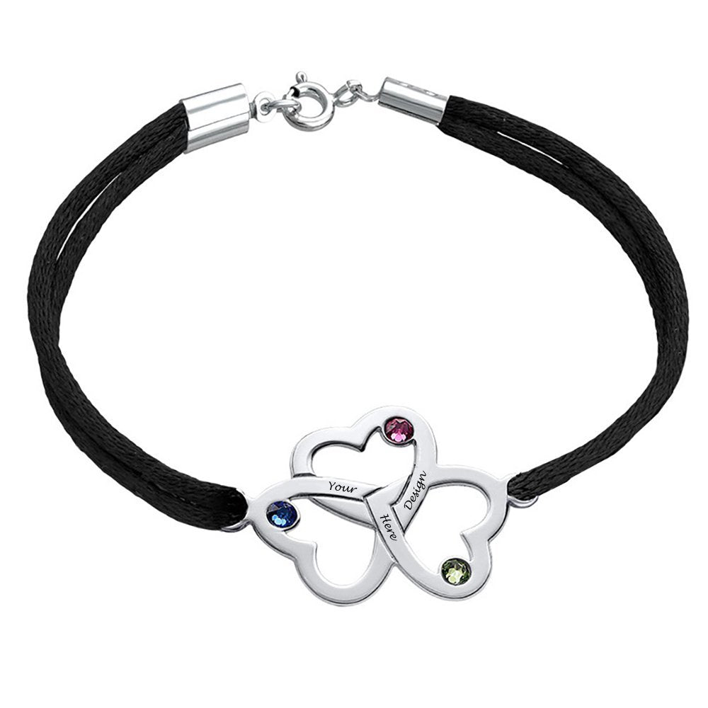 Bracelet en cuir noir trois coeurs entrelacés avec pierres précieuses S0038 gravure personnalisé avec texte prénom