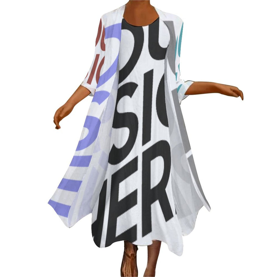 Robe sans manche fluide cardigan long / Ensemble robe femme STZ personnalisé avec photo logo texte motif (impression des multi-images)