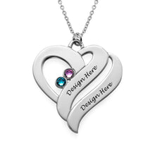 Charger l&#39;image dans la galerie, Collier pierres précieuses double coeur X0060 en argent sterling 925 gravure personnalisé avec prénom texte
