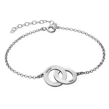 Charger l&#39;image dans la galerie, Bracelet double disque S0020 avec deux anneaux entrelacés gravure personnalisé avec texte prénom
