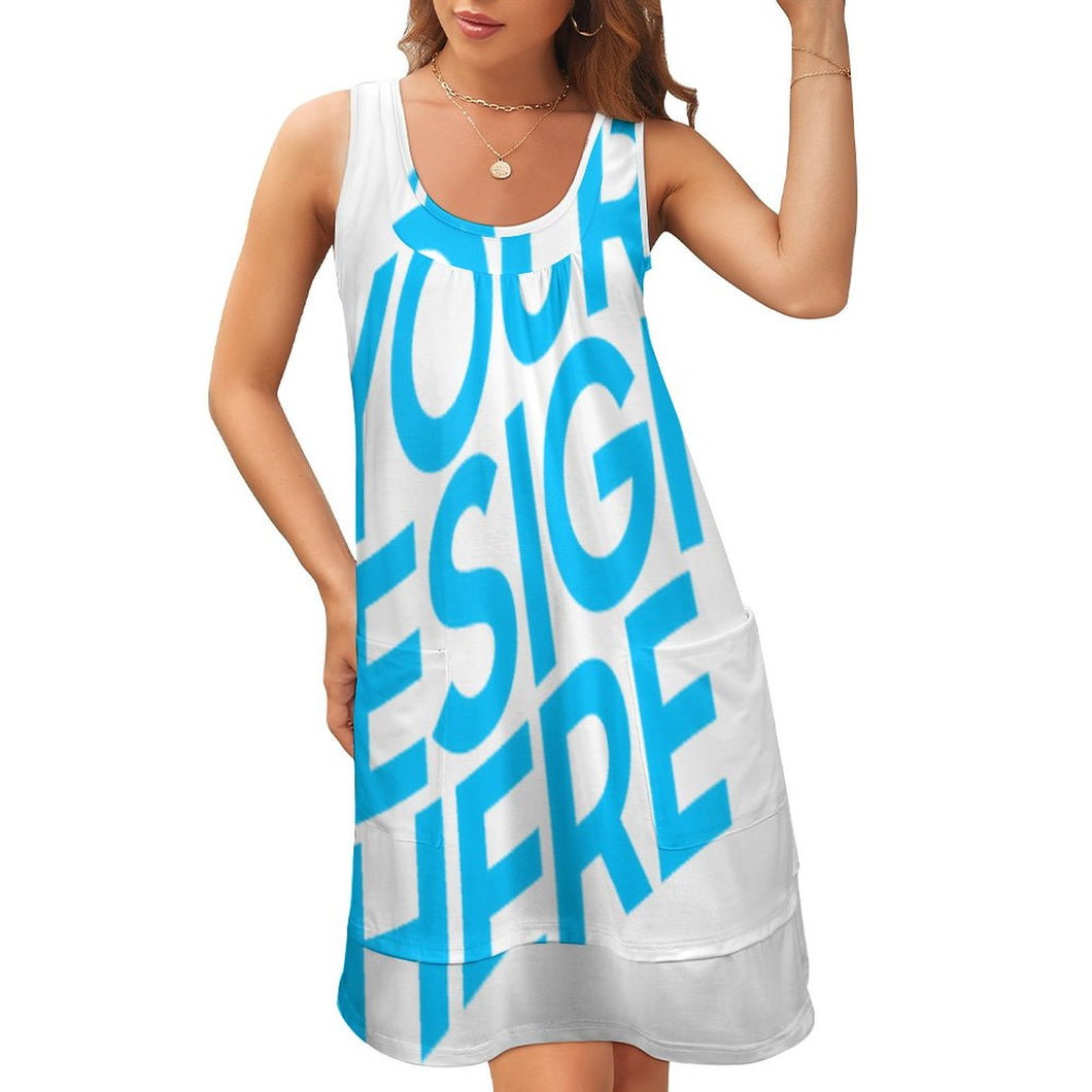 QQ Robe de plage robe d'été imprimée sans manches col en U femme personnalisé avec photo et texte (impression d'image unique)