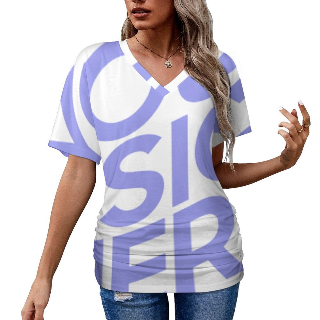 T-shirt tee shirt col v femme / top fronce BHT personnalisé avec photo logo texte motif (impression d'image unique)