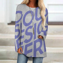 Charger l&#39;image dans la galerie, Impression d’image unique T-shirt tricot gris long col rond manches longues pour femme BL personnalisé avec photo logo texte motif
