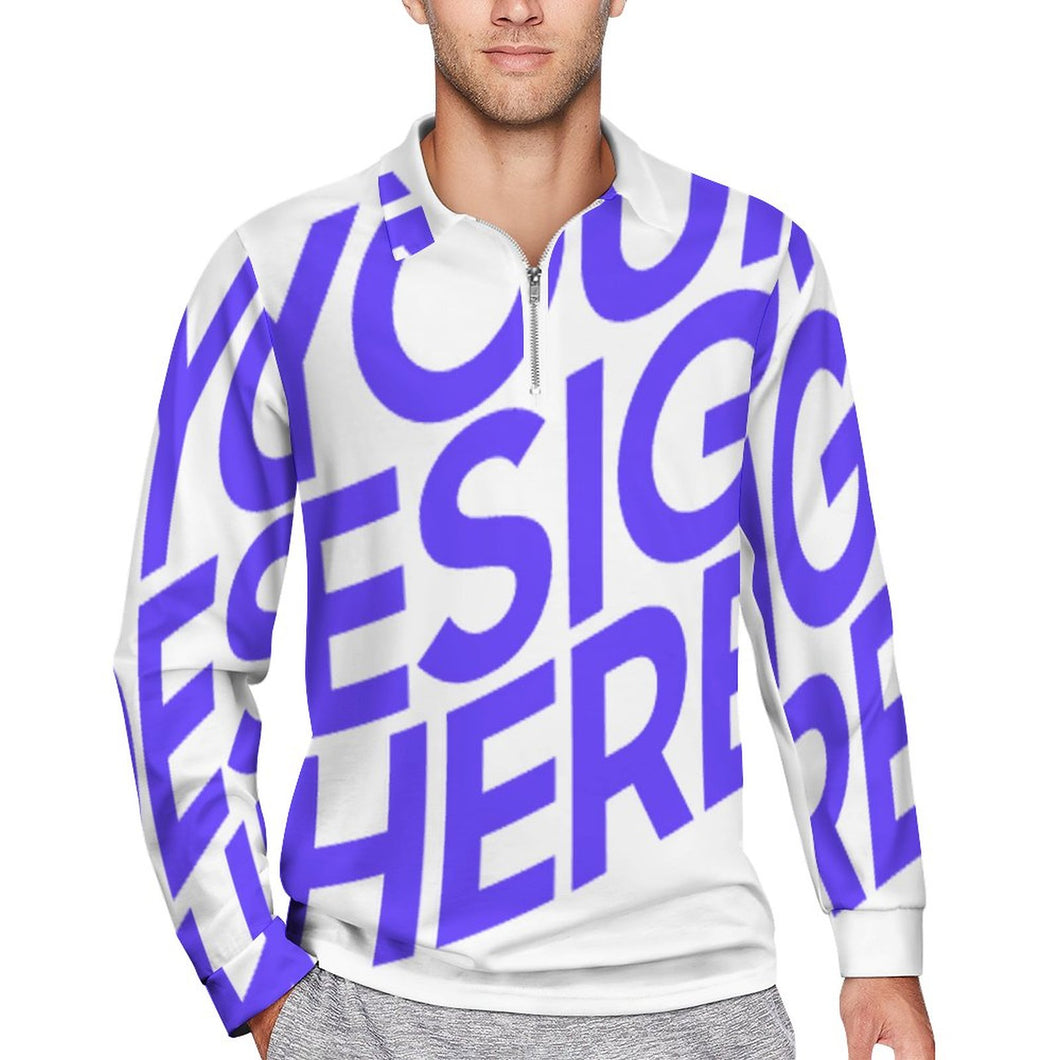 Polo tee shirt sweat shirt homme manches longues RL avec col tricoté et zip court personnalisé avec photo motif texte (conception une image)